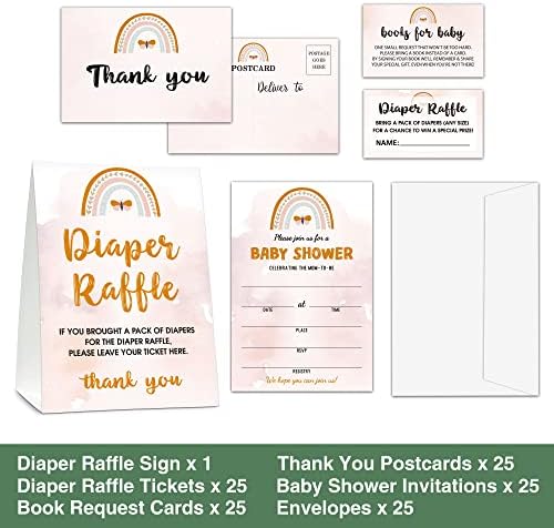 ערכת כרטיסי מקלחת לתינוק-סט קשת בוהו של 25 הזמנות למקלחת לתינוק עם מעטפות, שלט הגרלת חיתולים וכרטיסים, גלויות תודה,