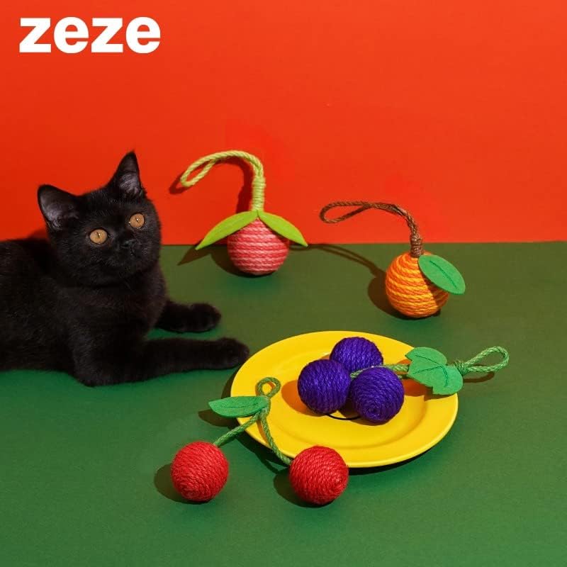צעצועי כדור חתולים אינטראקטיביים של Zeze - כדורי סיסל בצורת פירות לחתולים מקורה - כדור סיסל חתול - כדור חתול בעבודת