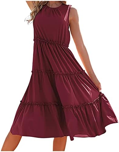 שמלת מקסי מזדמנת של Fehlegd לנשים בצבע אחיד קיץ עגול צוואר עגול שרוולים פרוע שמלה ארוכה רופפת חוף נדנדה חוף השמש