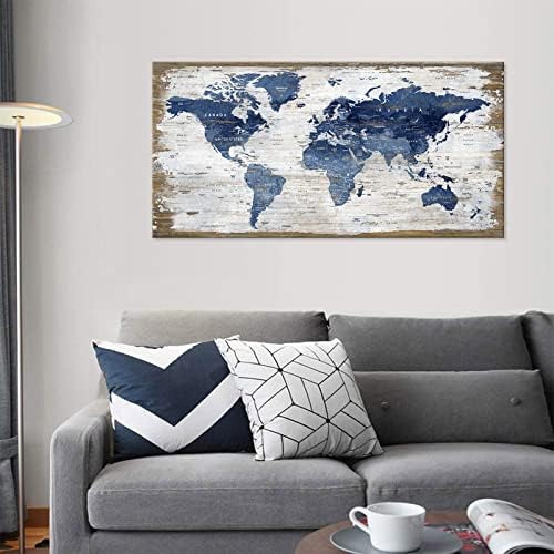 מפת עולם גדולה עולמית קיר קיר קיר אמנות מפה כחולה כהה של העולם תמונות בד רטרו מפת רטרו בד הדפסי יצירות אמנות למשרד לקישוט